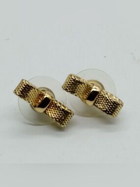 Authentic Vintage Dior Mini Bow Tie Mesh Gold 14k Gold Post Pierced Earrings